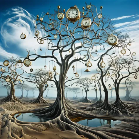 A surreal, Salvador Dali-inspired landscape with melting clocks draped over barren trees and floating in a vast, endless sky. The clocks represent the cyclical nature of time, with their distorted shapes symbolizing the fluidity of perception.