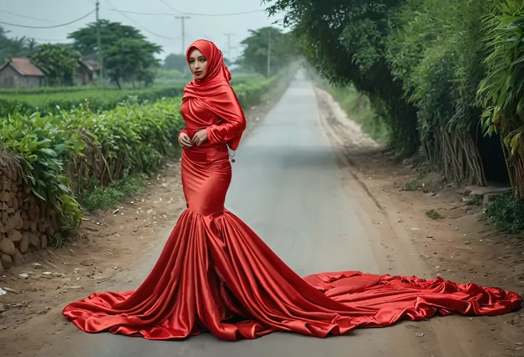 A woman shrouded in a 10-meter-long, plush red satin cloth, tightly bound and grandly draping along the form of her body, flowing off into a pooled floor-length train, styled in a mermaid-inspired outfit, her head modestly veiled in a satin hijab, tall wom...