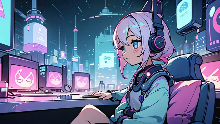 Pixel dots、cute、electronic、beautiful girl、Game Music、Future City、Headphones、cushion