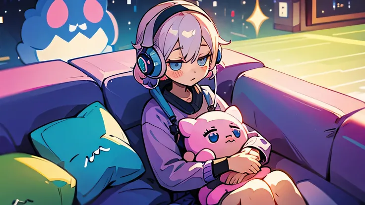 Pixel dots、cute、electronic、beautiful girl、Game Music、Headphones、sofa、cushion