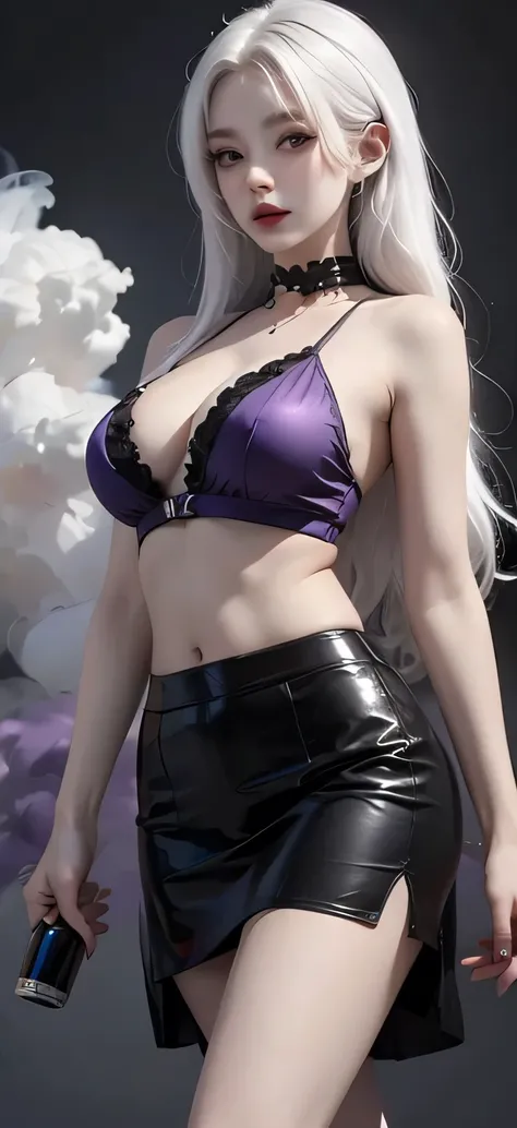 Liquor_dark，Girl made of purple smoke，1 busty girl，Black skirt，White hair