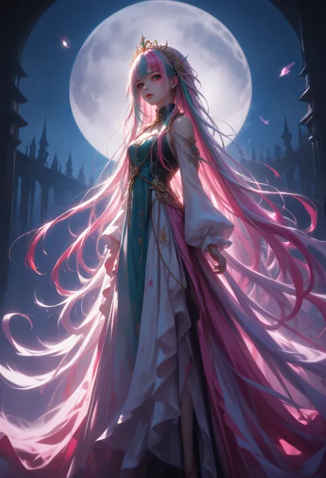 Anime Girl 1, Very long hair, spl1th41r, two tone hair Красно Черного Цвета, Picture in the air Girl, Shown in Full Height, all in chains, Wrapped in splinters, sexy, makeup, The face is beautiful. It is visible., Wide Format Painting, masterpiece, Maximum...