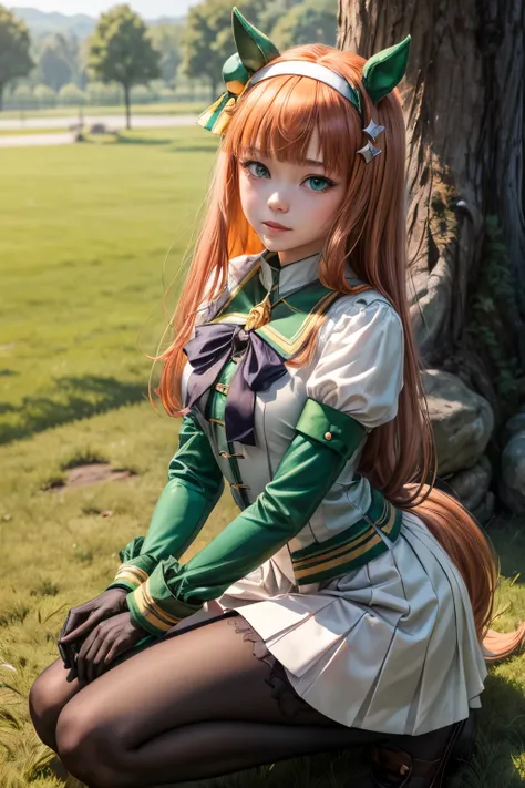 masterpiece, best quality, high resolution, intricate details, extremely detailed, sharp focus, solo, 1girl, (aasuzuka, long hair, animal ears, ear covers, white hairband, horse tail, green sailor collar, black bow, white shirt, layered sleeves, green slee...