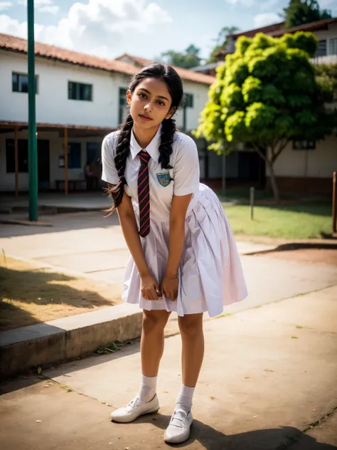 a beautiful cute little school girl in srilanka, detailed white frock, full body ,white shoes and socks, braided hair with plait...