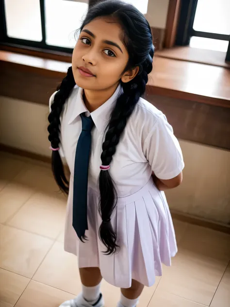 a beautiful cute little school girl in srilanka, detailed white frock, white shoes and socks, braided hair with plait, standing ...