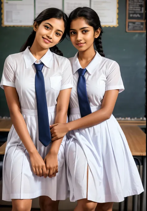 a school girl in srilanka, putting hands in pockets, in a classroom hugging another girl , wearing a white frock with pockets, w...