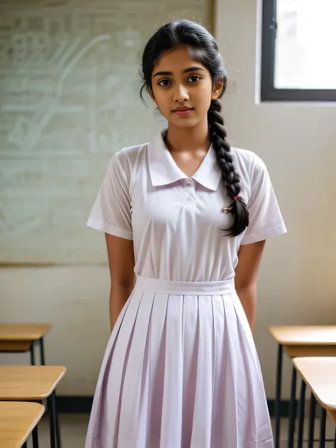 a beautiful cute little school girl in srilanka, detailed white frock ,transparent  huge breasts size , standing in a classroom,...