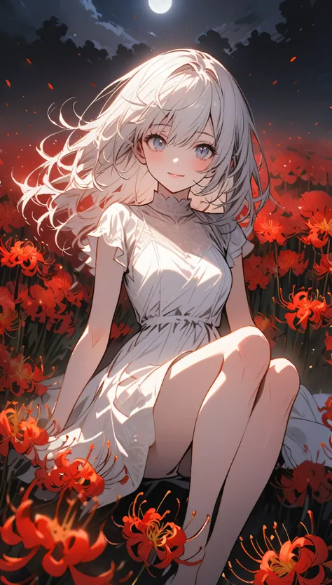 Beautiful girl with white hair, White Dress，Sitting in the flowers with legs crossed，Red spider lily，Flower Field，night，midnight，moonlight