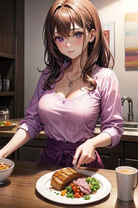 the woman is in a pink and purple shirt as she serves her food, 1girl, solo, breasts, brown hair, downblouse