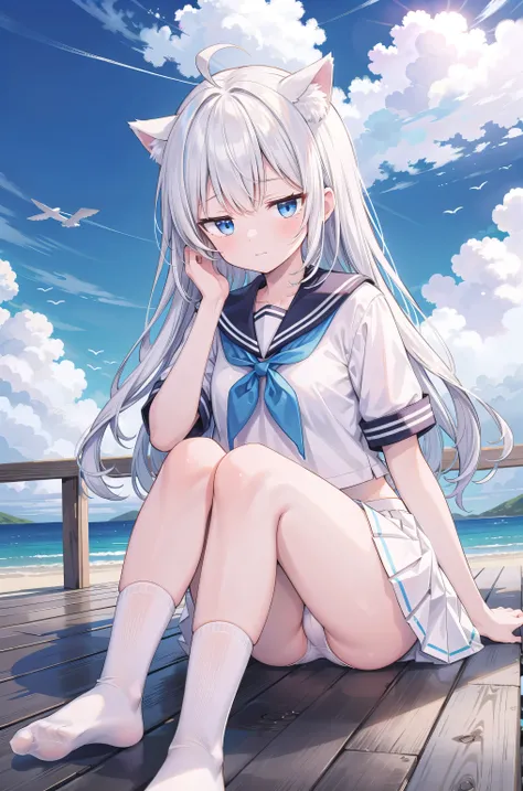 (masterpiece, best quality), a girl, solo, skirt, sky, sitting, serafuku, cloud, outdoors, neckerchief, day, shirt, ahoge, rooftop, long hair, white pantyhose,white hair, white school uniform, white sailor collar, blue eyes, sailor collar, white skirt, Whi...