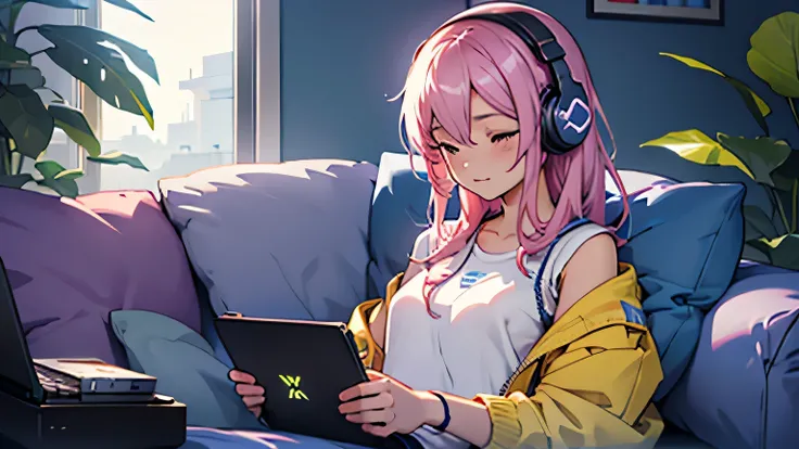 Pixel dots、cute、electronic、beautiful girl、Game Music、Headphones、sofa、cushion