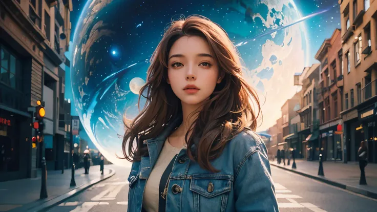 Image of a female figure on a city street with planets in the background, Amazing digital illustrations, Beautiful digital illustrations, Realistic art style, Charlie Bowater&#39;s art style, Beautiful digital art, Realistic art style, In the art style of ...