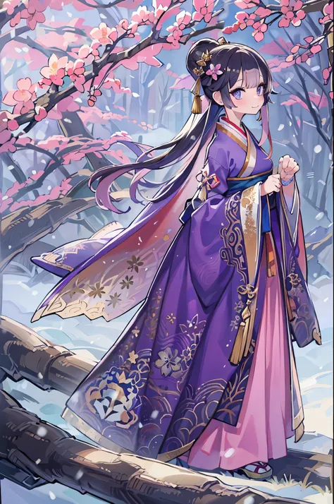 Bright Purple Taoist Robe, Hanfu long skirt, Big eyes, A masterpiece, an absolute beauty, 1 female, close. close, Healing Smile, Snow Scene, 4K quality, Twisted braid, Princess Hairstyle Princess Cut, Simple hair accessories, Plum blossom, people々Once you ...