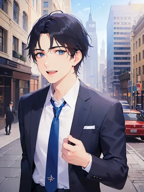 masterpiece,Highest quality,BREAK(A 29-year-old man:1.5) and (Black short hair) and (blue eyes)and (Wearing a suit) and (Blue tie)BREAK,(smile),(open mouth),The background is an office district,outside,Alone,Walking