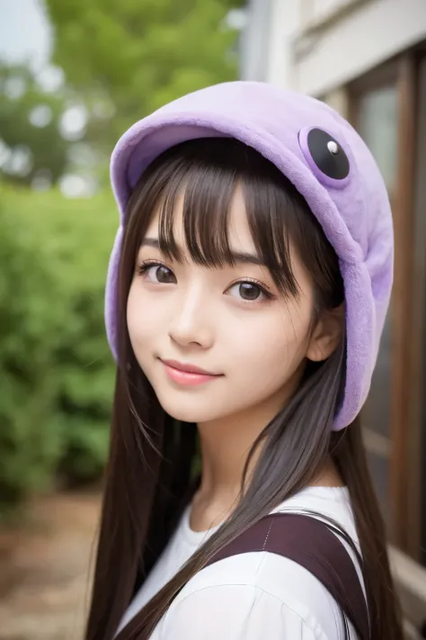 A beautiful girl wearing an eggplant headgear