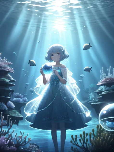 Underwater mysterious world, Magic world, glowing little jellyfish, Small fish, a girl in a transparent dress holds a glowing ball of a pearl in her hands, many small bubbles