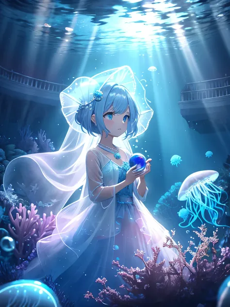 Underwater mysterious world, Magic world, glowing little jellyfish, Small fish, a girl in a transparent dress holds a glowing ball of a pearl in her hands, many small bubbles