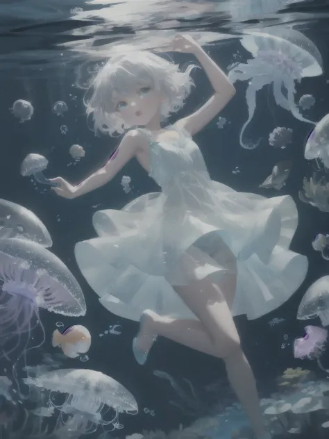 Underwater mysterious world, Magic world, glowing little jellyfish, Small fish, a girl in a transparent dress holds a glowing ball of a pearl in her hands, many small bubbles