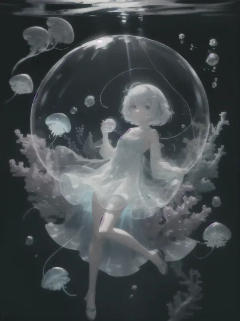 underwater mysterious world, magic world, glowing little jellyfish, small fish, a girl in a transparent dress holds a glowing ba...