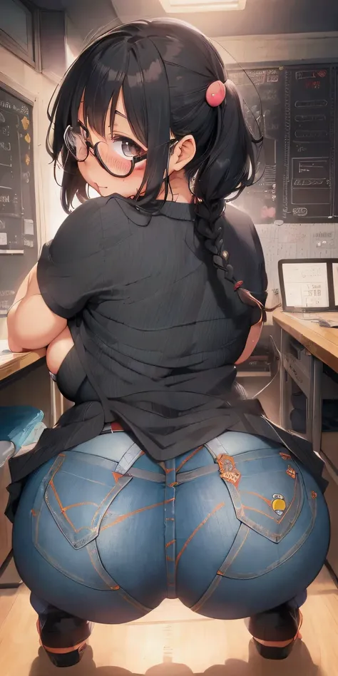 Anime girl with glasses、Sitting at a desk with a fake head, (software) Safe at Work, Beautiful anime girl crouching, Gwaiz, Anime girl crouching, artwork in the style of Gwaiz, Fascinating anime, Surreal school girl, a Surreal school girl, thick, | Anime w...