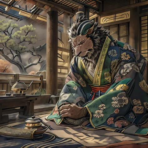 a detailed, intricate japanese tea ceremony, a japanese emperor warrior sitting on a tatami mat, the emperor drinking tea, hiero...