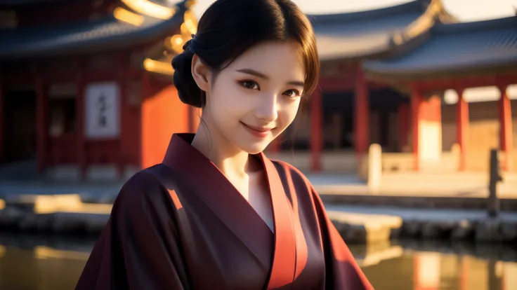 Deep red undertones、Elegant smile、Highest quality、4K、detailed high resolution、Historical temple background、Realistic photo style、Healthy body shape、Beautiful Eyes、Flowing jet black hair、Gorgeous coloured kimono、Calm expression、Warm lighting、Old-fashioned J...