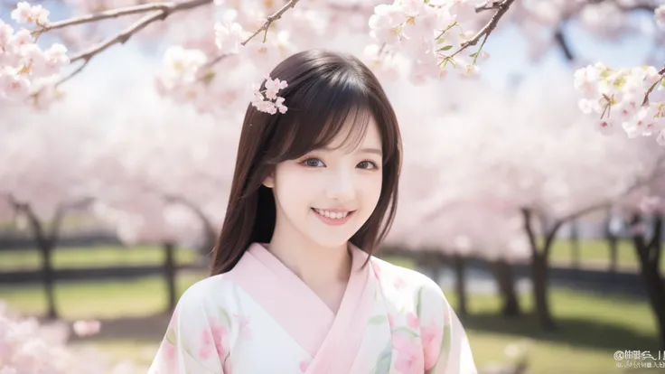 Pale cherry blossom base、Bright smile、Highest quality、8k、Ultra-high resolution、Cherry blossoms blooming park background、Realistic photos、Healthy body shape、Clear eyes、Shiny black hair、Delicate cherry blossom colored kimono、A refreshing look、Soft natural li...