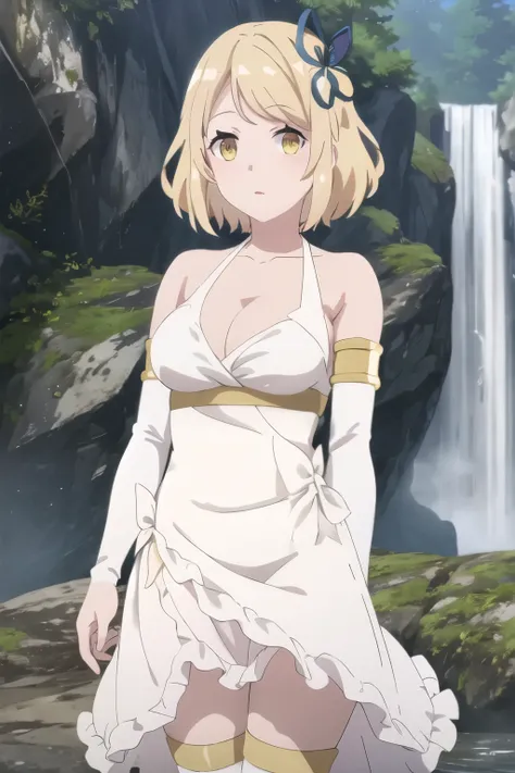 (masterpiece:1.3), (high quality), (High resolution), (iseka nonbiri nouka), (Tia), One girl,short hair, blonde hair,　yellow eyes, hair ribborn, blue ribborn, Cleavage, Large Breasts, hair ornament, White Dress, White knee socks, bare shoulders,
 Removable...