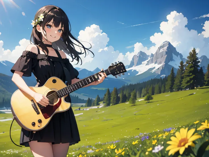 Cute 1, Guitar playing, smile, slim, dress, Outdoor, Originally, Mountain々, grassland, Flowers, null, Floating Hair