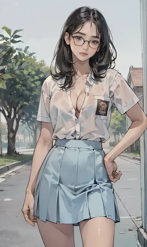 1 girl, (((at park))), (transparent white shirt), (wet shirt), (mini skirt), (pastel blue skirt), RAW photo, (photorealistic:1.37, realistic), highly detailed CG unified 8K wallpapers, 1girl, ((slender body:1)), (small breasts:1.3), looking at viewer, ((st...