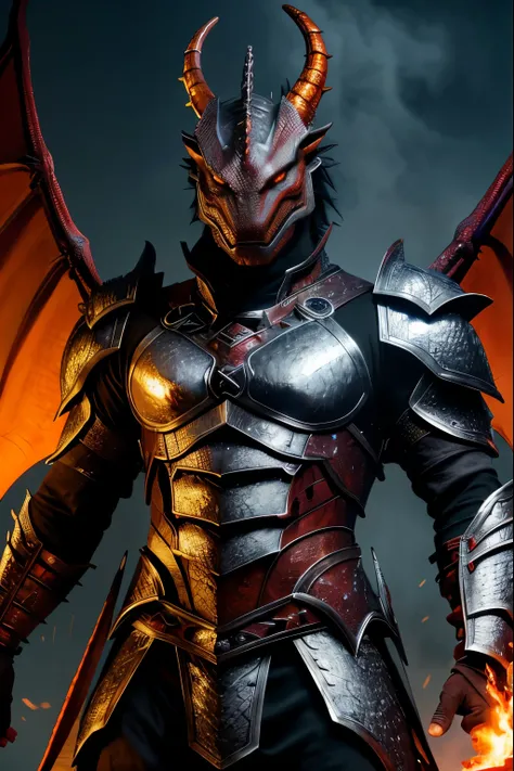 highest quality, 8k, hdr, (head to toe:1.4), Realistic, Human man dragon hybrid, Human man with dark red dragon scales for skin with reptile eyes and a draconic face and muzzle with tail, draconic claws, fire and smoke coming out of his mouth, wearing fant...