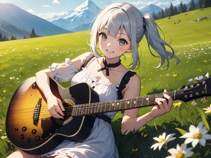 Cute 1, Guitar playing, smile, slim, dress, Outdoor, Originally, Mountain々, grassland, Flowers, null, Floating Hair