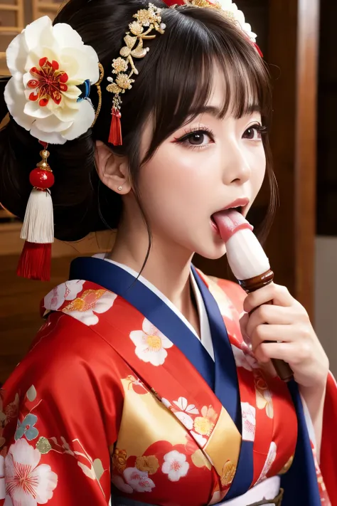 ((Highest quality)), ((masterpiece)), (detailed), Mature Woman, Blowjob, Japanese, kimono, Oiran, Beauty, Deep Throat,1girl,2boys