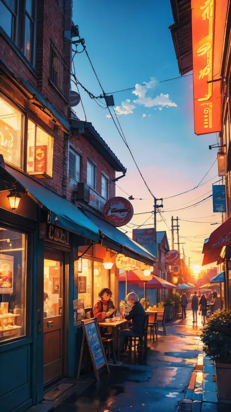 a painting of a scooter in front of a cafe with a sunset in the, cozy cafe background, cafe, beautiful retro art, scenery artwork, cafe in the clouds, warm beautiful scene, scenery art detailed, diner caffee, dream scenery art, watching the sun set. anime,...