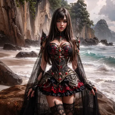 (Extreme HDR) (brightness FX) (Rainy) Photo of an asian woman gigantic Breast white skin with long hair flowing in the wind, wearing a black batik patterned costume, a V-cut strapless corset style batik dress made of carbon patterned satin, a very narrow a...