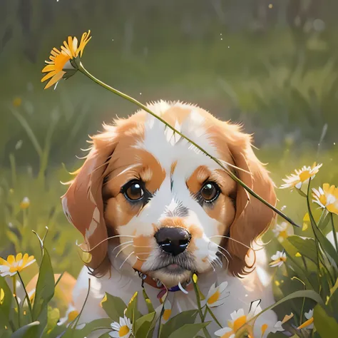 there is a small dog that is laying In the grass, close up portrait shot, cute dog, puppy, Cavalier King Charles Beagle, close up portrait, close up detailed, In the grass, close up photo, close up photo, close up portrait, Pick a flower, author：David Garn...