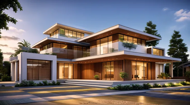 Perspective of a modern house with a large enough front yard, main materials are light yellow walls, stone and wood, a road running in front of the house, (RAW photo, real, best quality, masterpiece: 1.2), current view modern minimalist, 1 street in front ...