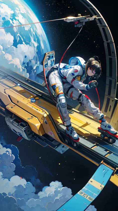 (((masterpiece))), (((Highest quality))), ((Very detailed)), (Highly detailed CG illustrations), ((Very delicate and beautiful)),(From the side),Cinematic Light,A girl climbs into the cockpit、Black Hair、long、Boarding a small spaceship，In the cockpit，Starry...