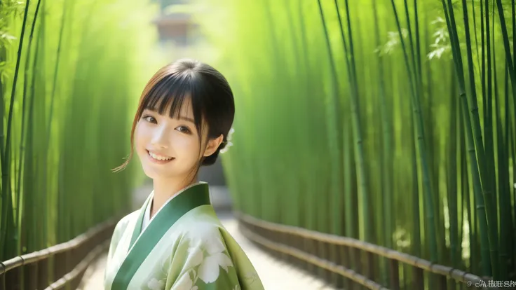 Deep green tone、Calm smile、Highest quality、4K、Sharp details、Temple background in the bamboo forest、Realistic photo style、Healthy body shape、Calm eyes、Flowing black hair、Kimono that blends in with the green of the bamboo、Quiet look、Soft natural light、Tradit...