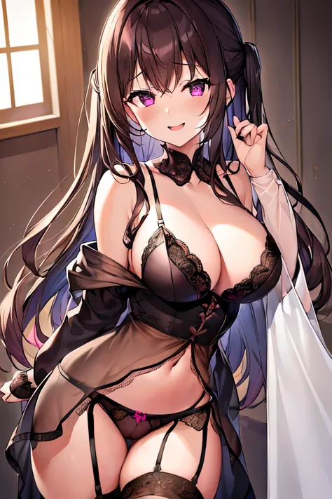 (4K、high resolution、Detailed light、Detailed Shadows、Detailed Design)、1 person、Dark Brown Hair、(Pink underwear)、(Lace Underwear)、garter belt、Lace tights、See-through jacket、(Aggressive design)、Bigger breasts、Exposed Skin、Shameless、Provocative、Fan、Lust、Estrus...