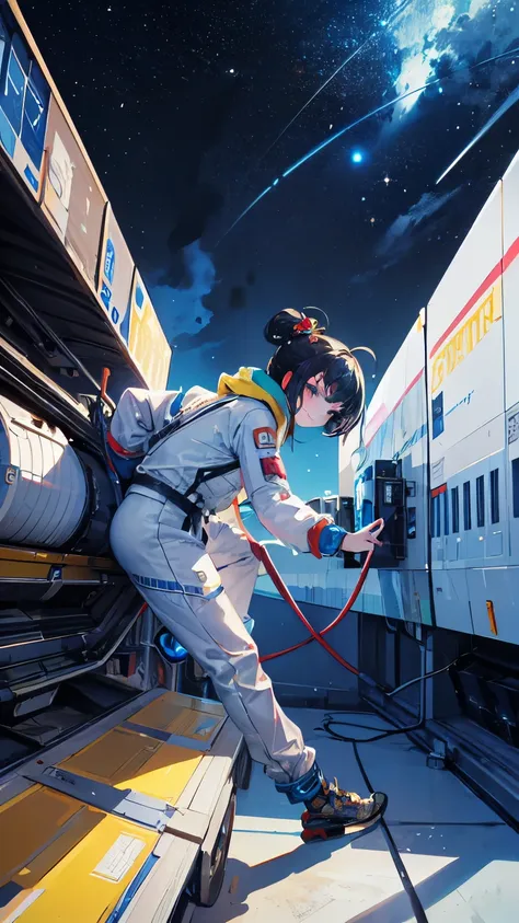 (((masterpiece))), (((Highest quality))), ((Very detailed)), (Highly detailed CG illustrations), ((Very delicate and beautiful)),(From the side),Cinematic Light,A girl climbs into the cockpit、Black Hair、long、Boarding a small spaceship，In the cockpit，Starry...