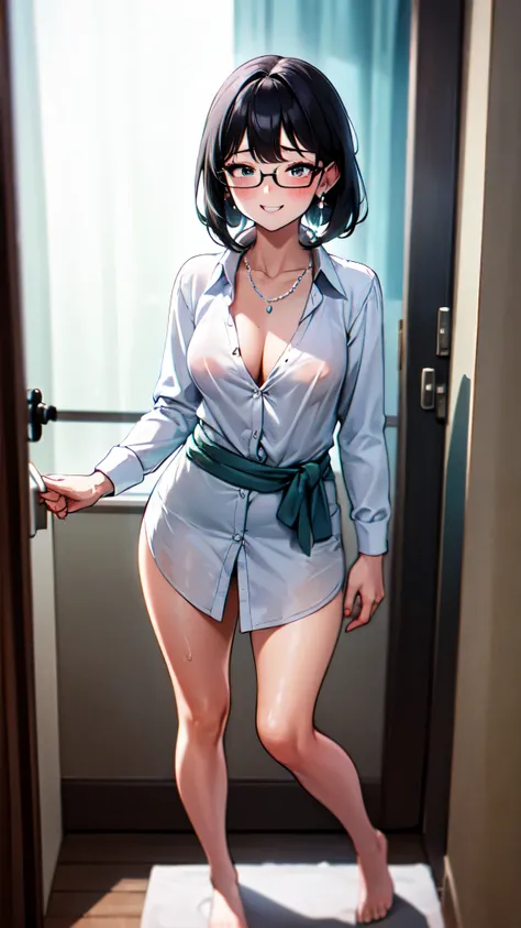 （（super high quality,Ultra-high resolution,16K,super masterpiece,Ultra HD ,Detailed shading））,Dimly lit bedroom,Full body photo,sexy mother,40 years old,Waist 85cm,Standing naked,Unbuttoned dress shirt,popped Tight collar,Cleavage,Long sleeve,Short black h...