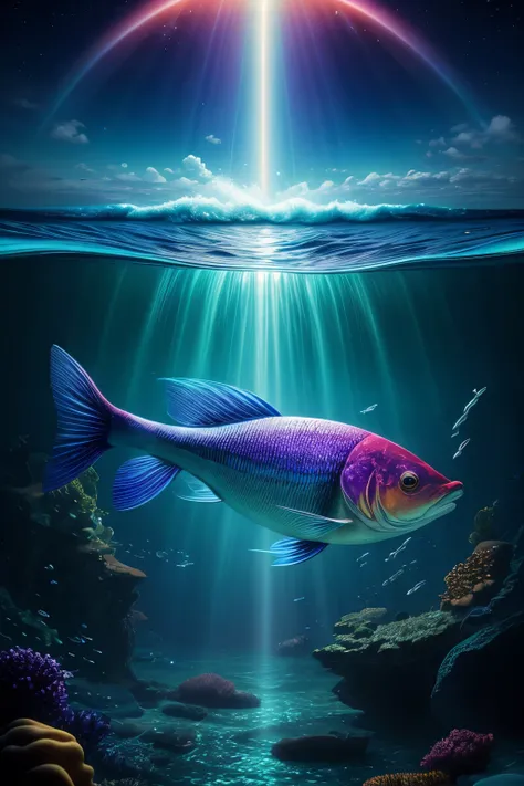 ((Highest quality)), ((masterpiece)), (detailed), Create a mesmerizing and fantastical scene featuring vibrant, mystical fish swimming gracefully through an ethereal ocean that seamlessly blends into a sky filled with clouds and rainbows. The fish should b...