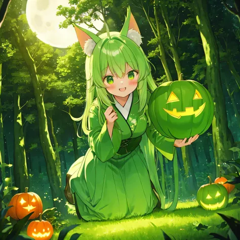 In a mysterious moonlit forest、A giant green jack-o&#39;-lantern in the center、A beautiful girl in a green kimono is sitting on a green jack-o-lantern