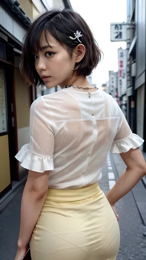 (japanese woman looking back on tokyo street:1.4、p-line:1.4)、(realistic、like a photograph、live action、8k, realistic, raw photos,...