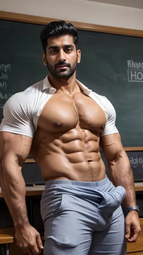 40 years old Handsome muscular AARAV GURJAR 1 in school uniform, huge bulge