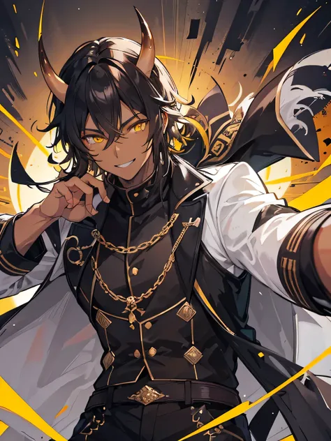 A handsome man, Black Oni, smiling, yellow eyes color, dark balck hair color, Oni horns, 3, dark brown skin color, black, brown and white jacket