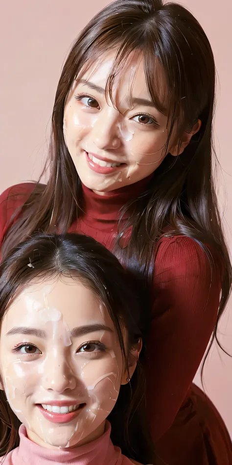 (tabletop、highest quality、8k、award-winning works、ultra-high resolution)、(group photo of two women 1.4)、(the perfect red turtlene...