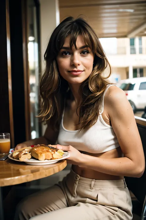  photo of Silvia Marini, 1girl long hair portrait wear top and pant , sit in cafetira eat her breakfast