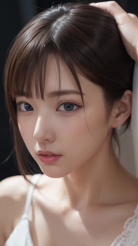 (masterpiece、Realtic、masterpiece,Very detailed,Highest quality,8k,CG,shape,shaving:1.0),(one person&#39;s:1) 、Dark Room、Bedroom、sexy gestures and faces、sexy, jyojifuku,nurse、Big Breasts, Cleavage、latexのnurse uniform、Lying in bed